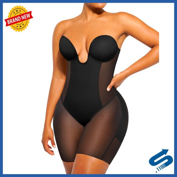Strapless Shapewear Bodysuit Tummy Control Backless Deep Plunge Mid Thigh